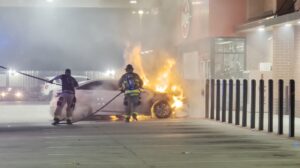 Car Engulfed in Flames at Oklahoma City Gas Station — Firefighters Rush to Prevent Disaster Near I-35